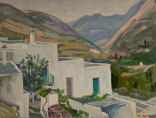 Skyros, White Houses, Mountains — Oil painting, Canvas, 46.00×61.00cm — Theodoros Markellos